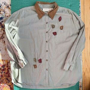 Lemon Grass Women’s 22W Blouse Khaki Green 100% Cotton Embroidered Fall Leaves